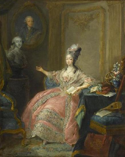 unknow artist Portrait of Marie Josephine of Savoy Countess of Provence pointing to a bust of her husband overlooked by a portrait of her father